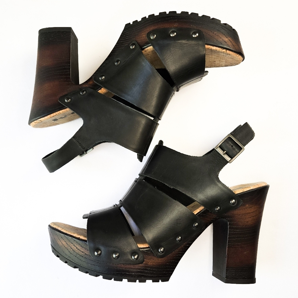 NWT Korks Platform Chunky Heel Black Leather Sandals🌳